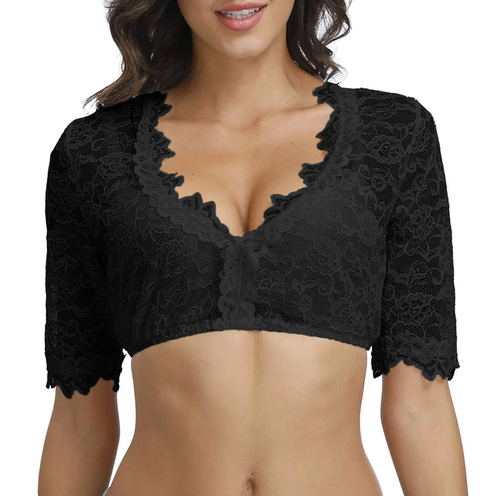 Woman wearing black lace cropped blouse with scalloped edges and half sleeves