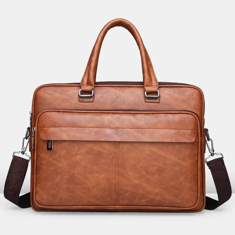 brown leather briefcase with dual handles, front zipper pocket, and detachable shoulder strap