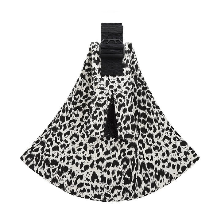 Black and white leopard print dog harness with adjustable black strap and buckle