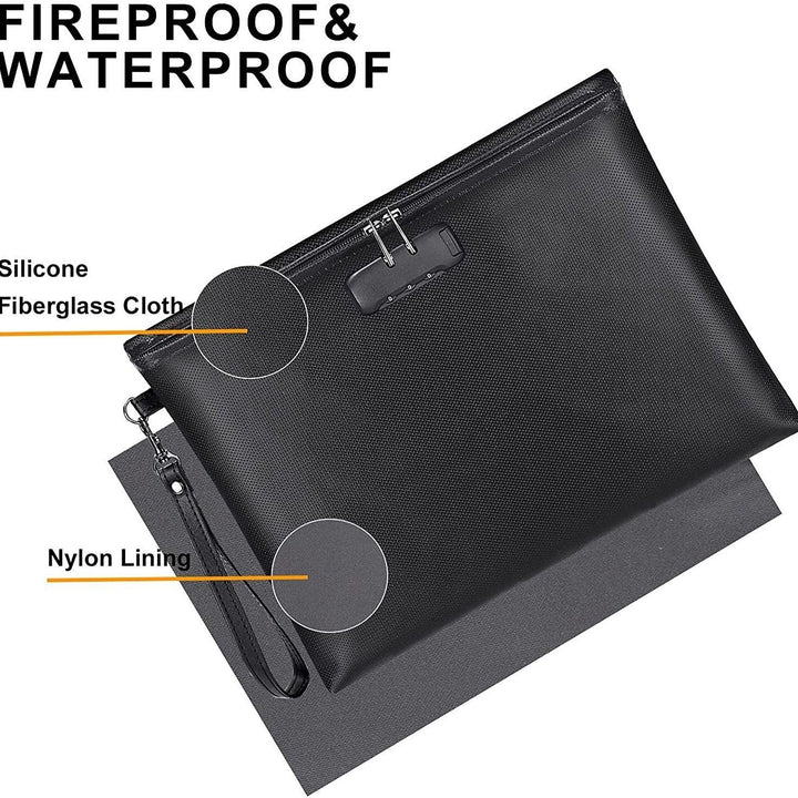 Black fireproof and waterproof pouch with silicone fiberglass cloth, nylon lining, and combination lock