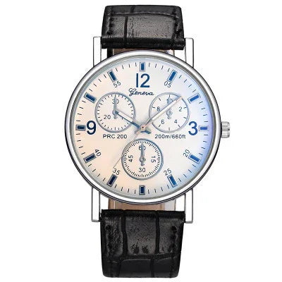 Geneva men's silver chronograph wristwatch with white dial, blue markers, and black leather strap