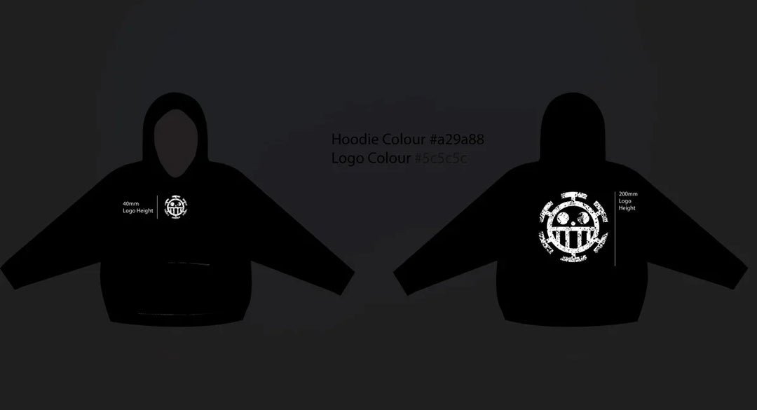 Black hoodie with small front logo and large distressed white graphic on back, hoodie colour code #a29a88