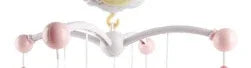 Modern white and pink baby crib mobile with hanging plush toys against white background