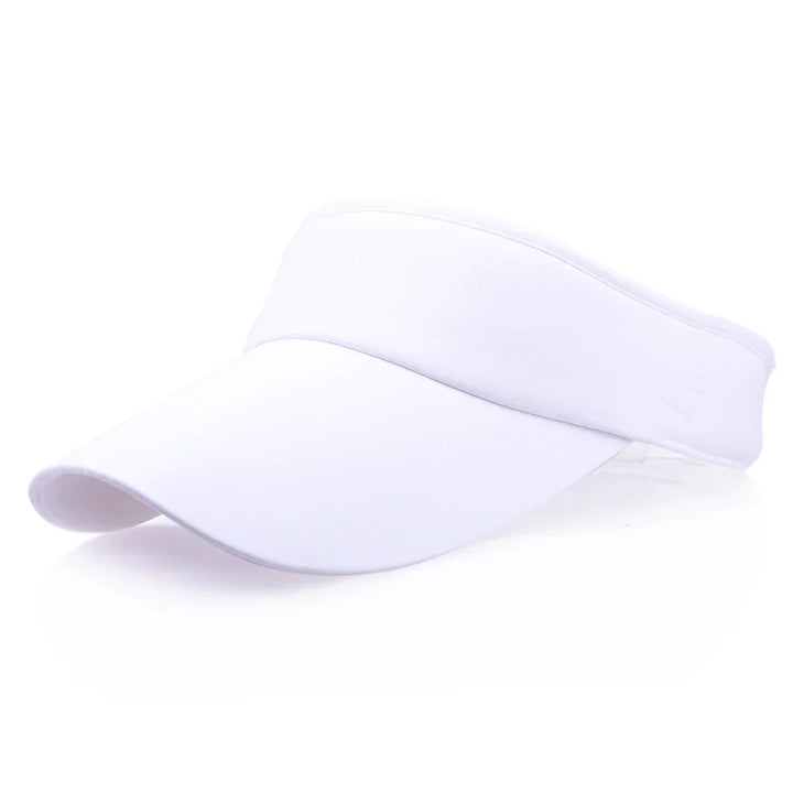 Plain white sports visor hat with curved brim on white background