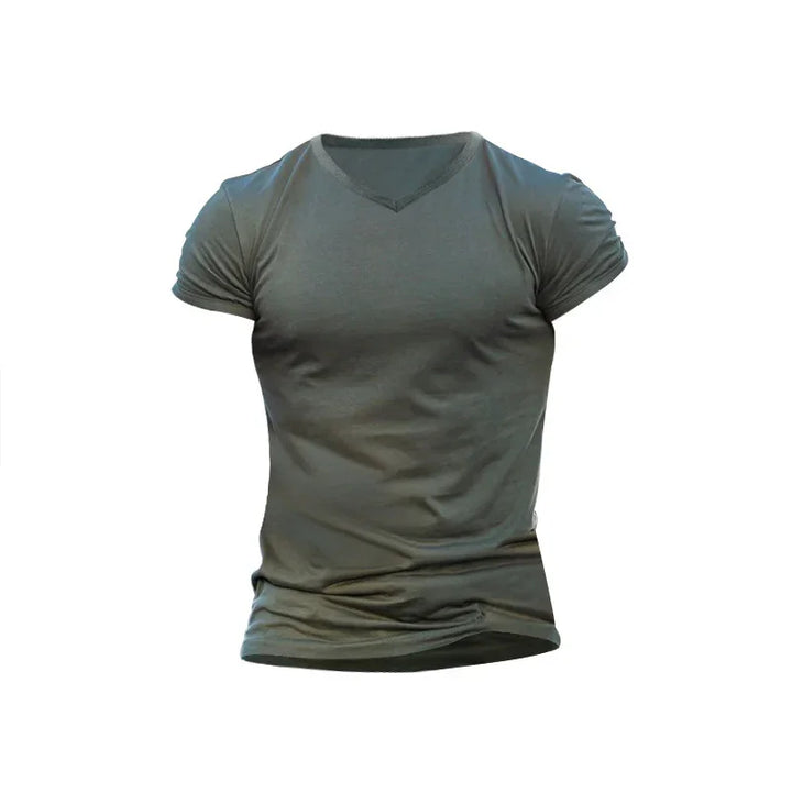 Charcoal gray fitted V-neck short sleeve t-shirt with slight wrinkles