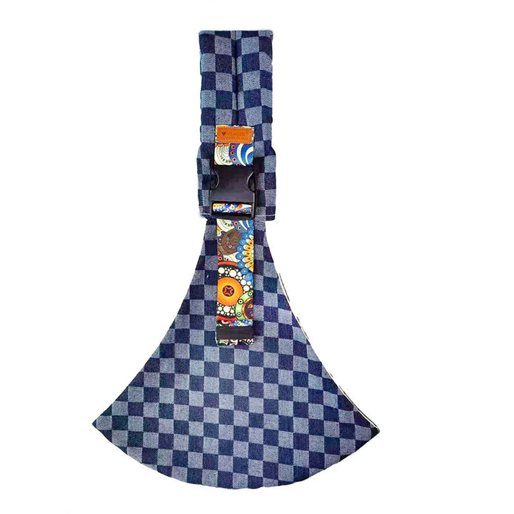 blue checkered fabric pet harness with colorful patterned strap and buckle