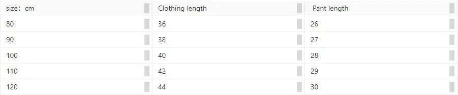 Clothing size chart displaying measurements for clothing and pant length in centimeters for sizes 80 to 120