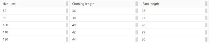 Clothing size chart displaying measurements for clothing and pant length in centimeters for sizes 80 to 120