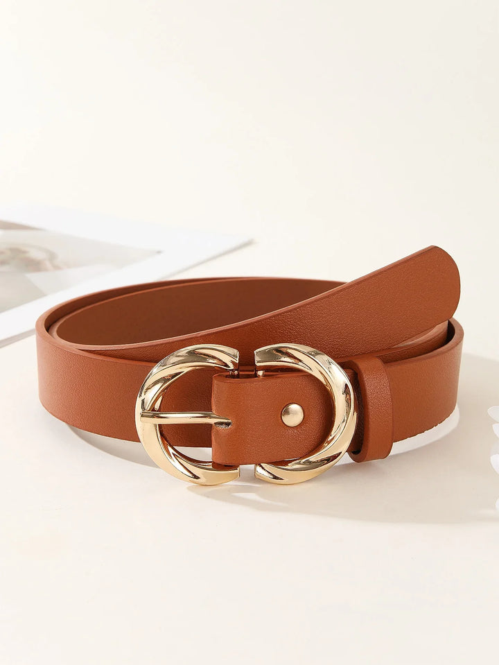 Brown leather belt with gold double rounded buckle on white surface