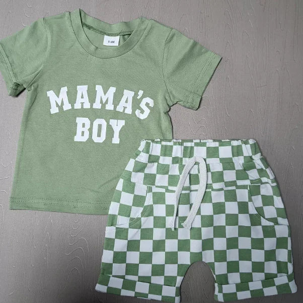 Green toddler outfit with 'MAMA'S BOY' shirt and green white checkered shorts