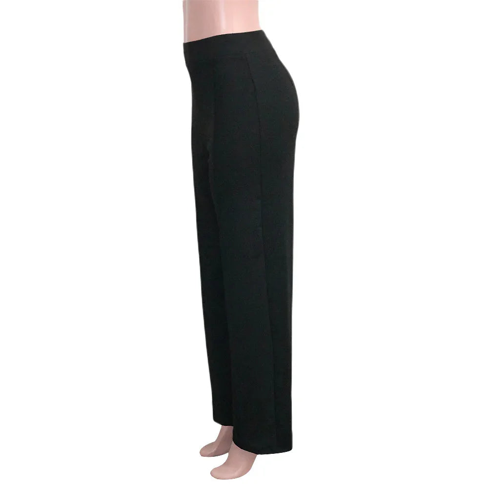 Black high-waisted wide-leg pants on mannequin with white background