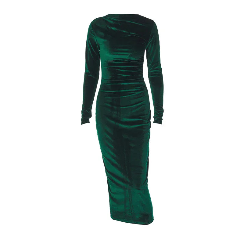 Elegant long-sleeve emerald green velvet midi dress with ruched detailing