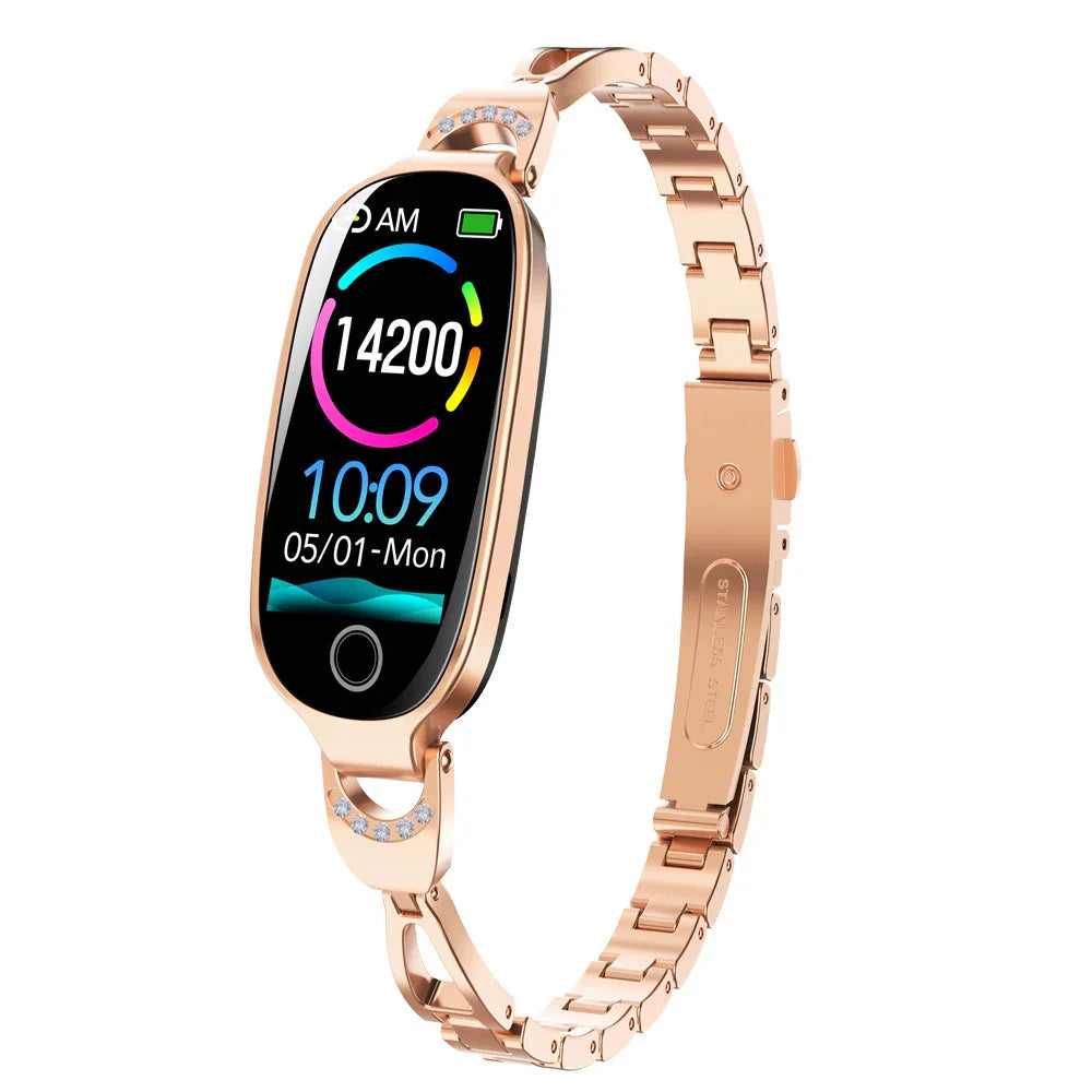 Rose gold fitness tracker watch with colorful step count display and stainless steel link band