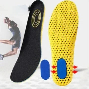 Yellow perforated shoe insole with blue heel support and black top layer insole against white background