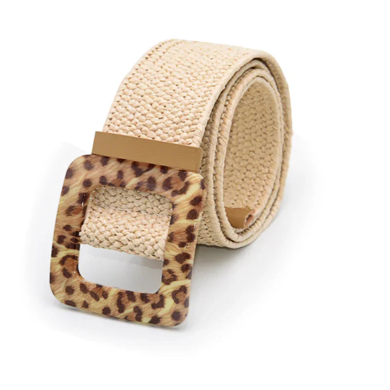 Beige woven fabric belt with large square leopard print buckle