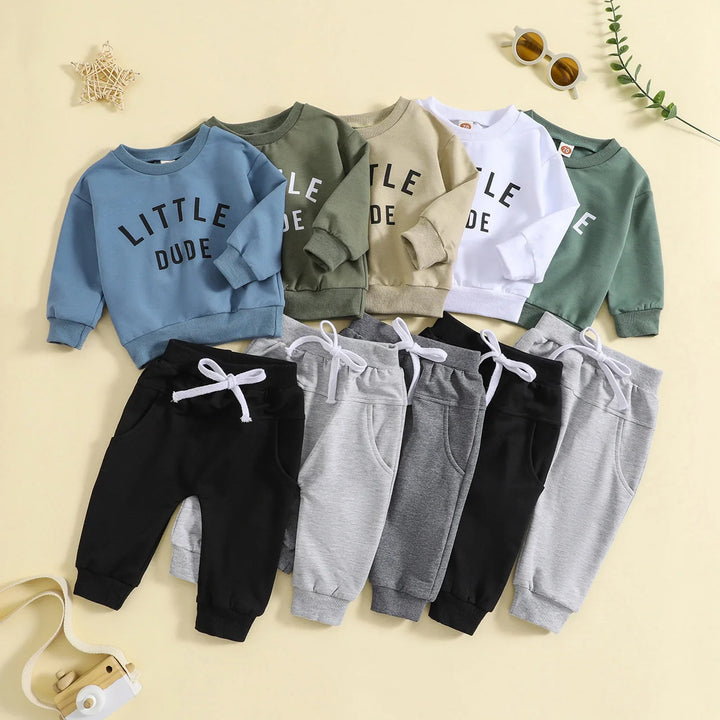 Toddler sweatshirts in blue, olive, beige, white, green with matching jogger pants in black, gray, light gray