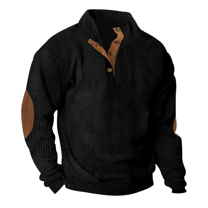 Black corduroy pullover sweater with brown button placket and elbow patches