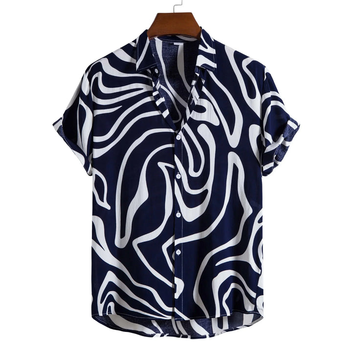 Navy blue short sleeve button-up shirt with abstract white swirl pattern