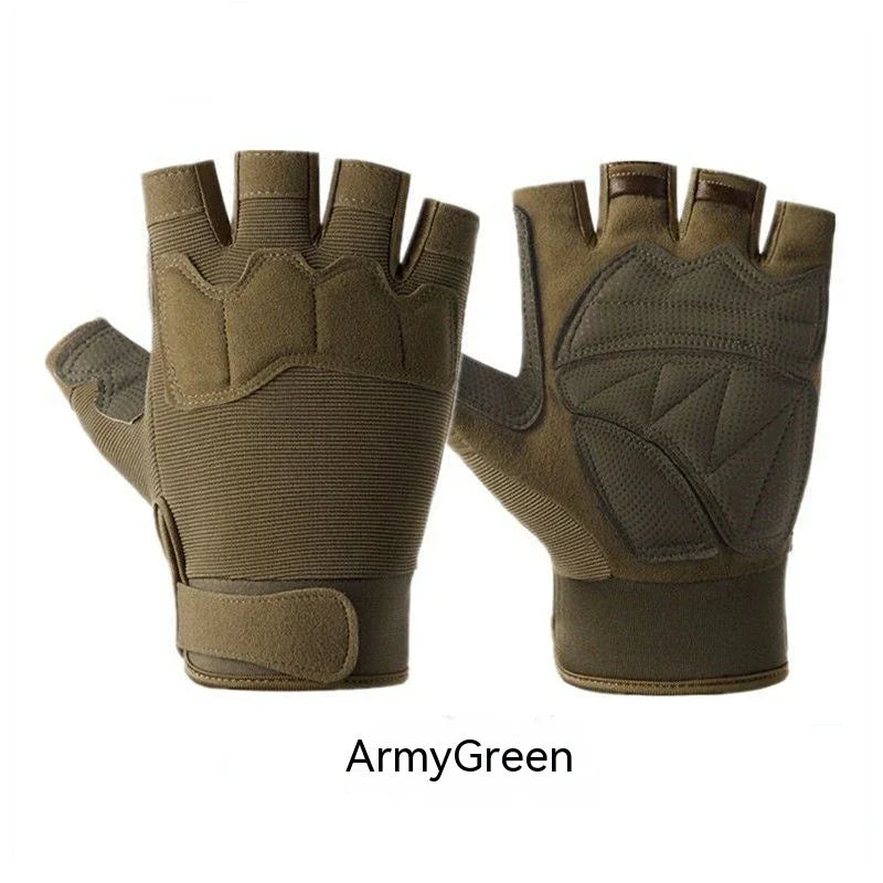 Army green tactical fingerless gloves with padded palms and adjustable wrist straps