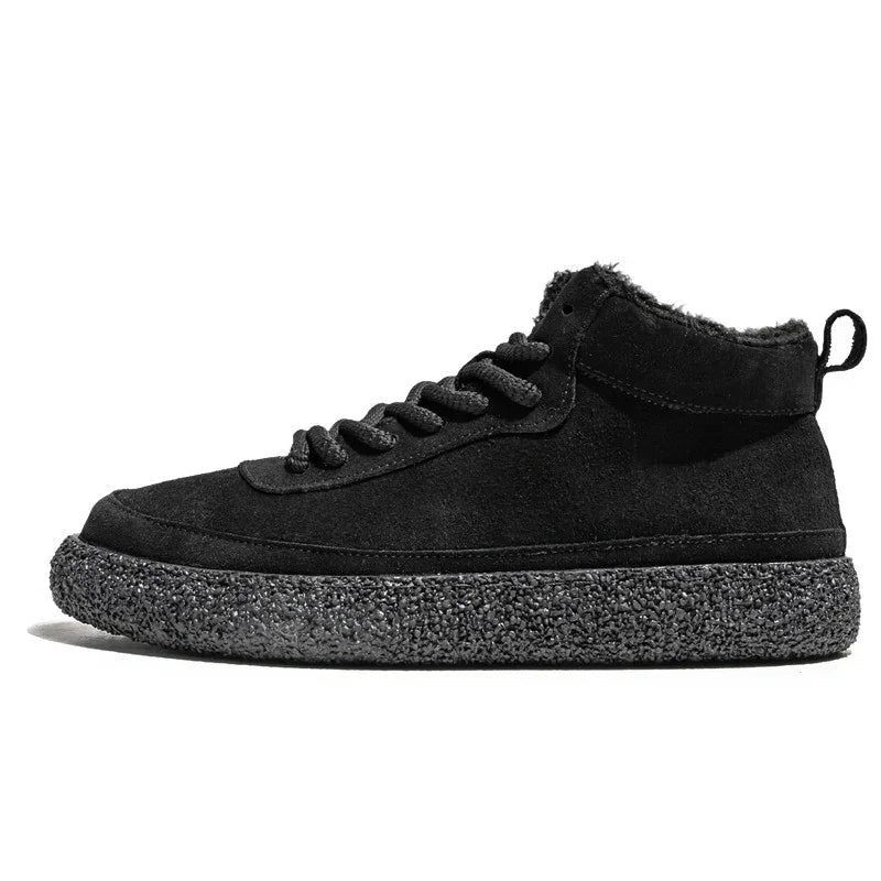 Black suede high-top sneaker with textured black sole and plush lining