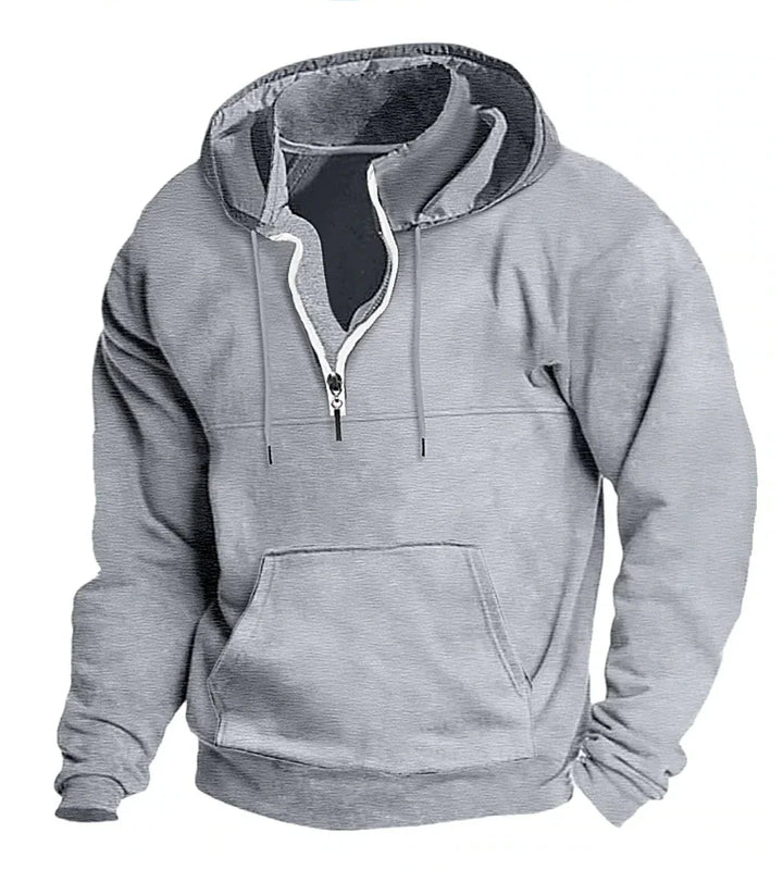 Gray pullover hoodie with quarter zip, kangaroo pocket, and drawstring hood