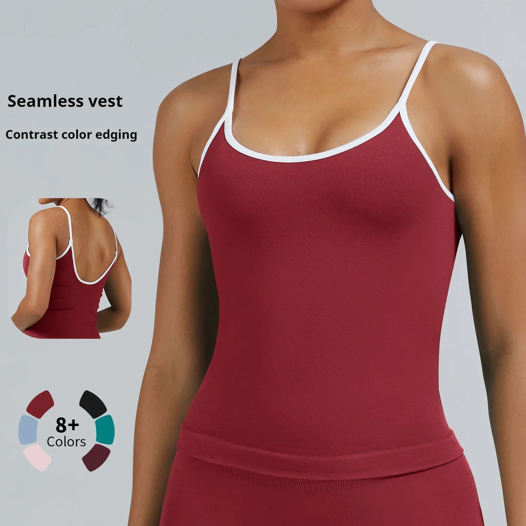 seamless women's vest in maroon with white contrast edging, thin straps, and scoop neckline