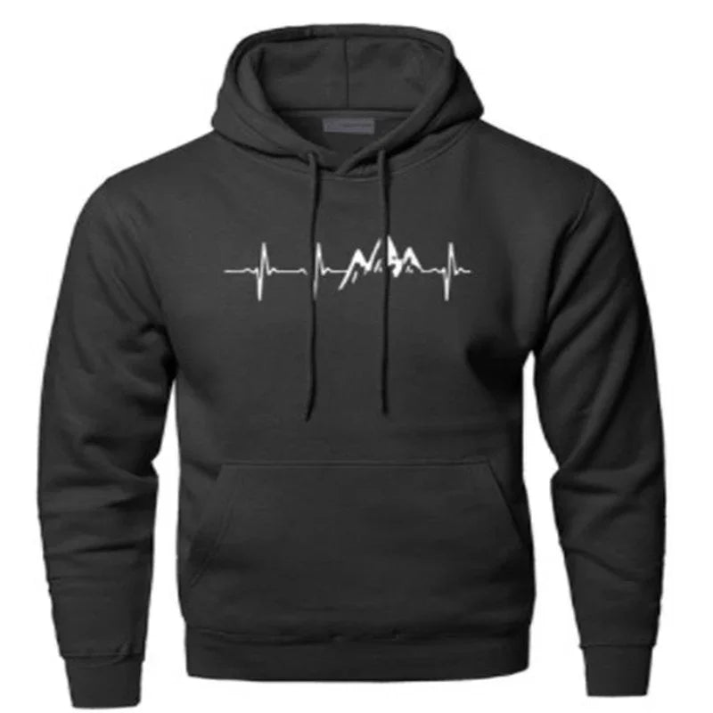 black hoodie with white heartbeat line and mountain graphic design on front