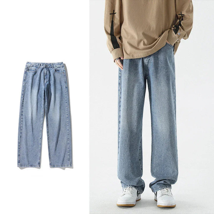 Light blue wide-leg denim jeans with relaxed fit, worn with white sneakers and casual long-sleeve top