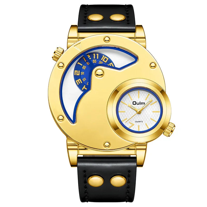 Gold Oulm quartz wristwatch with black leather strap and dual dial design featuring analog and digital time