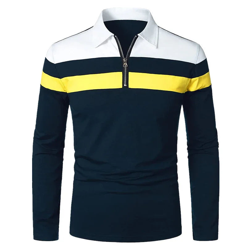Men's long sleeve polo shirt with white collar, navy blue body, and yellow horizontal stripe