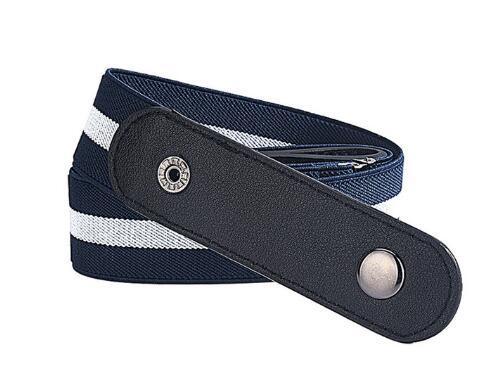 Navy blue and white striped fabric belt with black leather end and silver snap button
