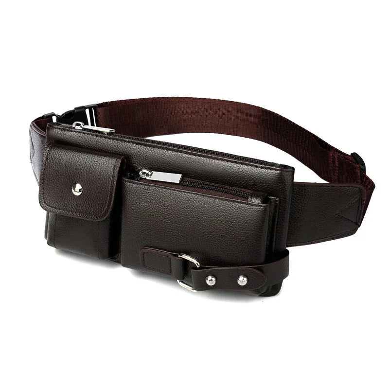 Dark brown leather waist bag with multiple zippered and buttoned compartments and adjustable strap