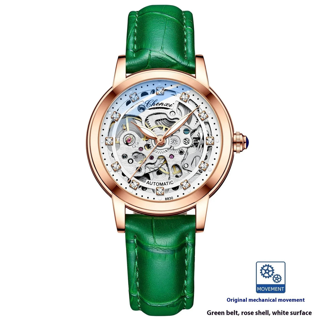 Chenxi automatic mechanical watch with rose gold case, white skeleton dial, and green leather strap