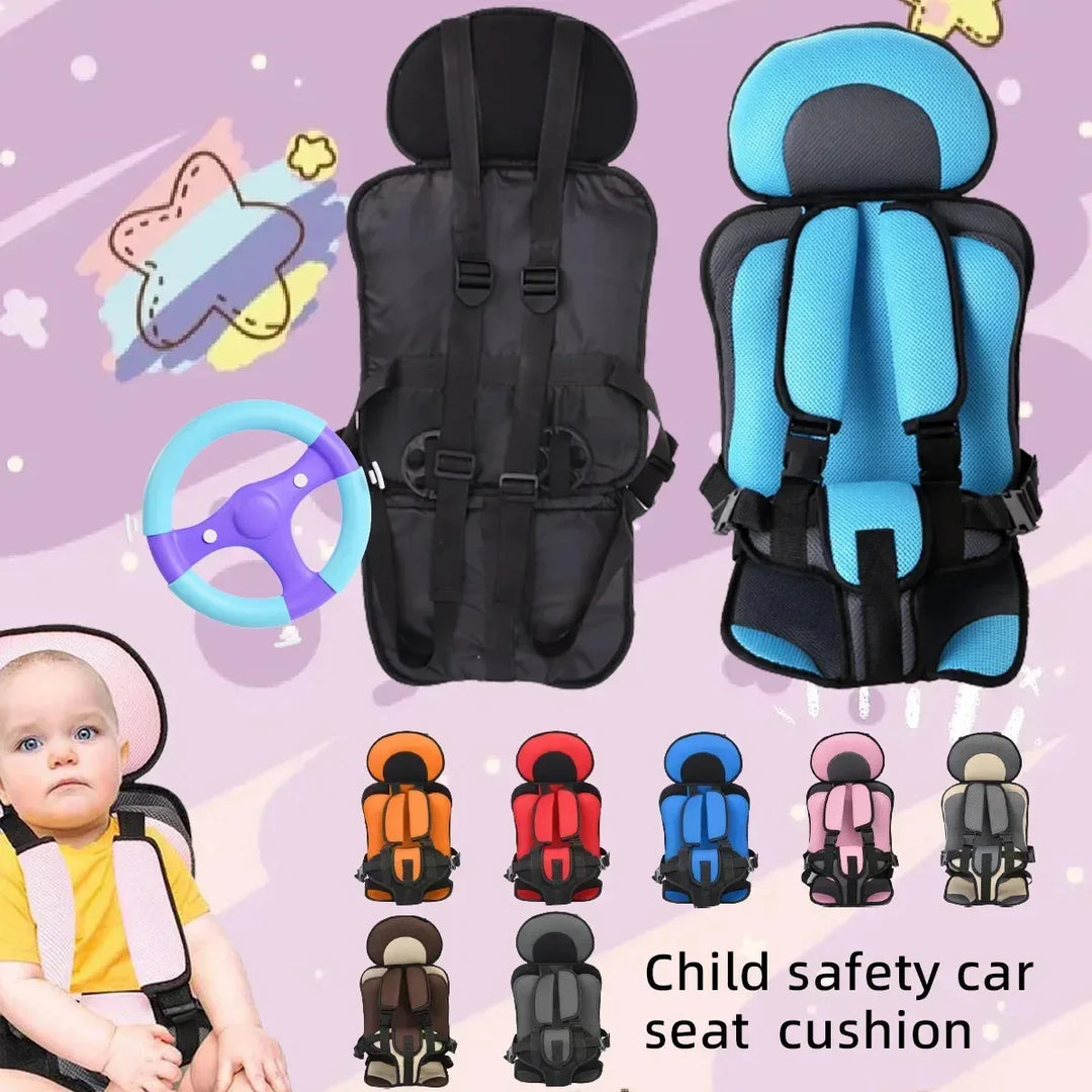 Child safety car seat cushion in multiple colors with harness straps and headrest on purple background