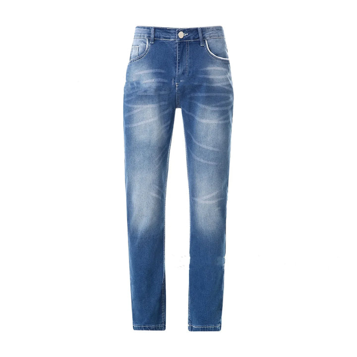 Blue faded slim-fit women's jeans with front pockets and button closure