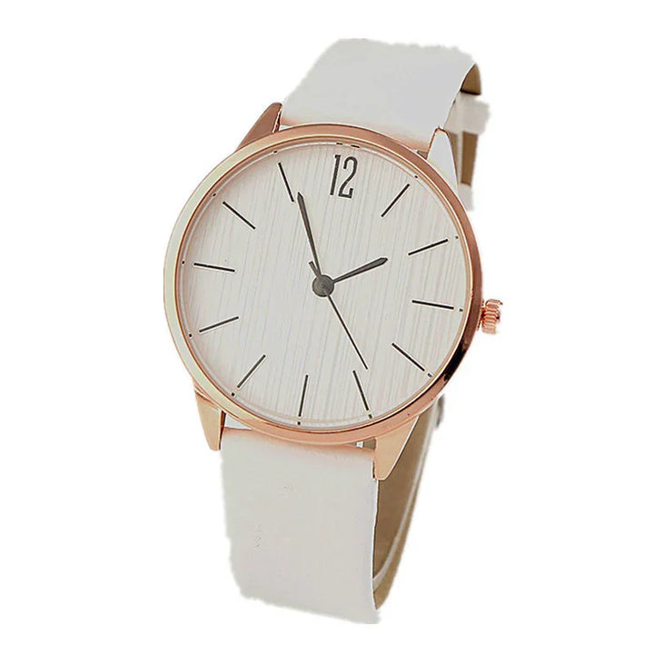 Minimalist white dial wristwatch with rose gold case and white leather strap
