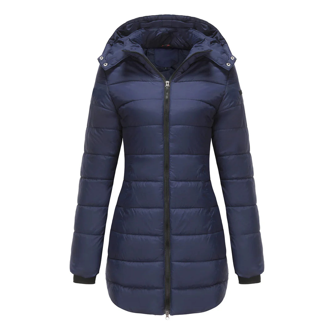 Navy blue women's long puffer jacket with hood and front zipper on white background