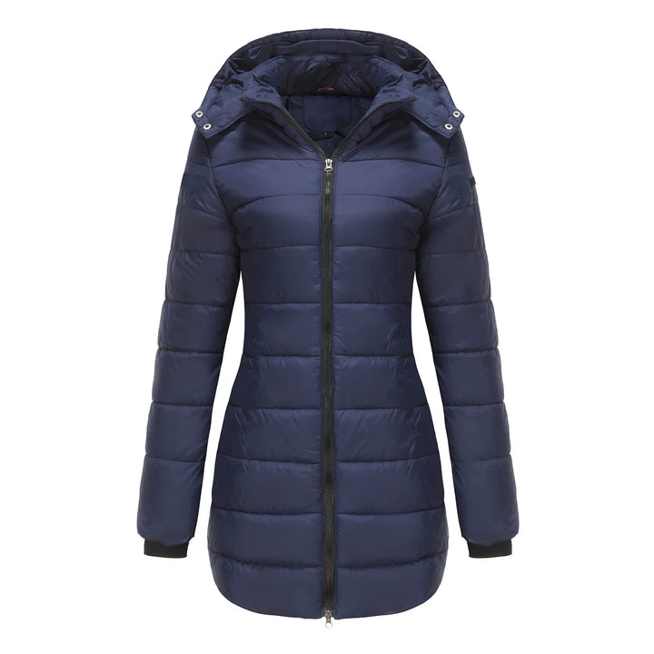 Navy blue women's long puffer jacket with hood and front zipper on white background