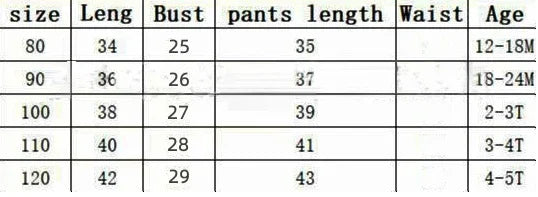 Children's clothing size chart showing length, bust, pants length, waist, and age ranges from 12-18 months to 4-5 years