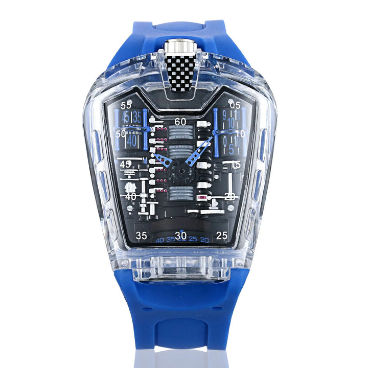 Futuristic blue wristwatch with transparent case showcasing complex mechanical gears and blue strap