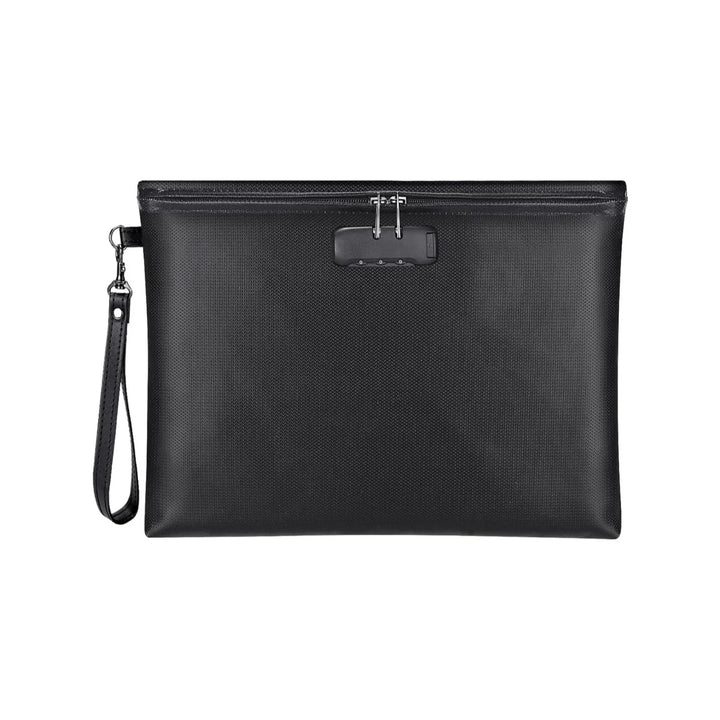 Black textured zippered pouch with combination lock and wrist strap on white background