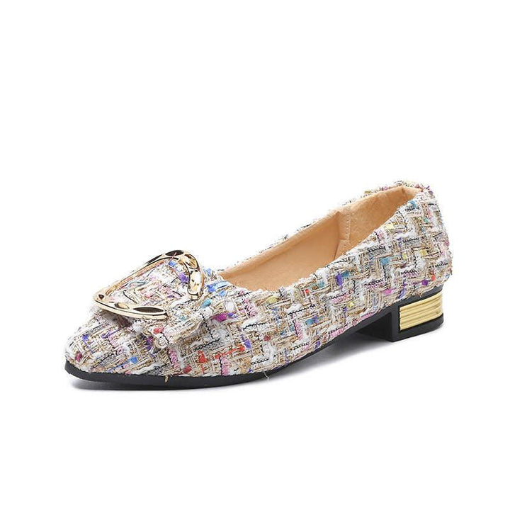 Womens multicolor tweed flat shoe with gold buckle and decorative low heel on white background