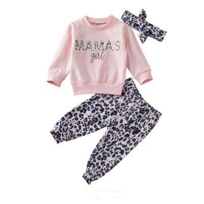 Pink toddler sweatshirt with 'MAMA'S girl' text, leopard print pants, and matching headband set