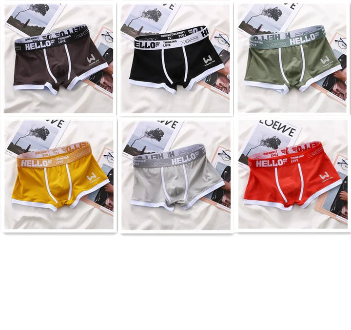 Six pairs of men's boxer briefs in brown, black, green, yellow, gray, and red with white trim and 'HELLO' branded waistbands