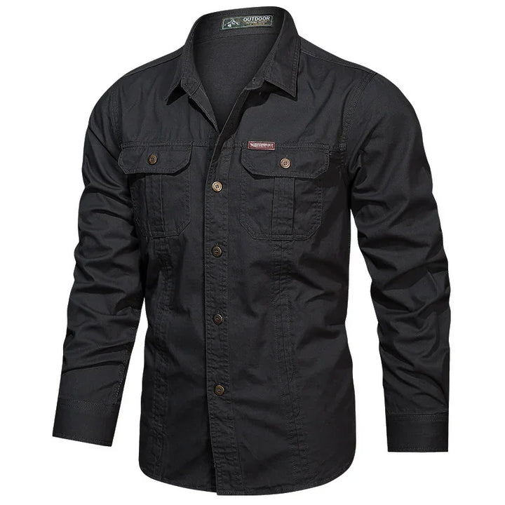 Men's black outdoor casual shirt with long sleeves and buttoned chest pockets