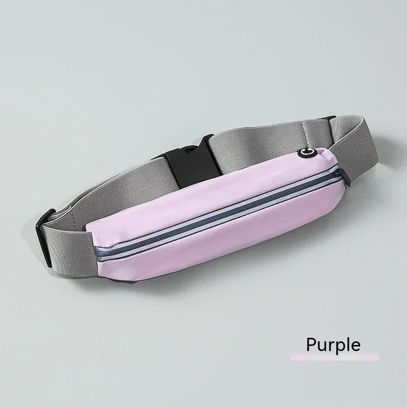 Purple waist bag with gray adjustable strap and zip pocket on a plain background