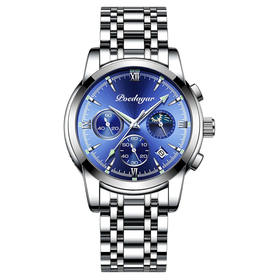 Poedagar men's stainless steel wristwatch with blue dial, chronograph and date display