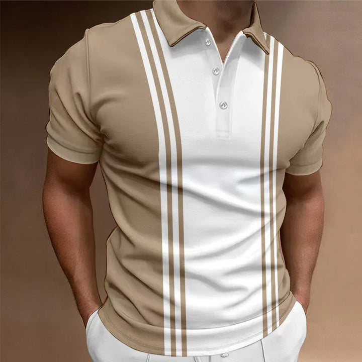 Men's stylish short sleeve polo shirt with beige and white vertical stripes and collar