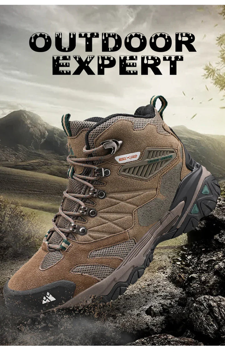 Brown and green hiking boot with rugged sole against mountain background and text Outdoor Expert