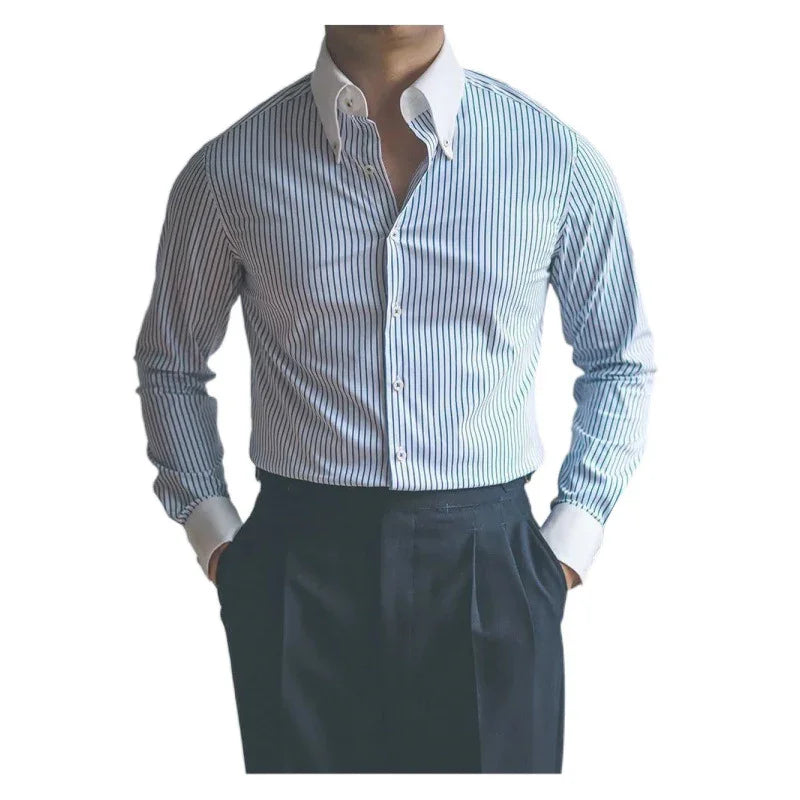 Men's slim fit white shirt with blue vertical stripes, contrasting white collar and cuffs
